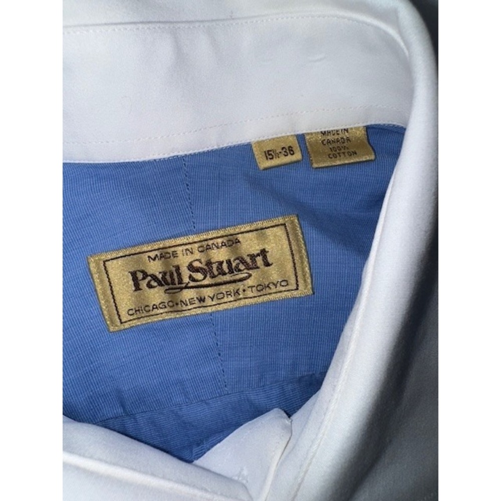 Paul Stuart Mens Shirt 15 1/2 36 M Solid Blue White Collar French Cuff Button Up - Picture 4 of 11